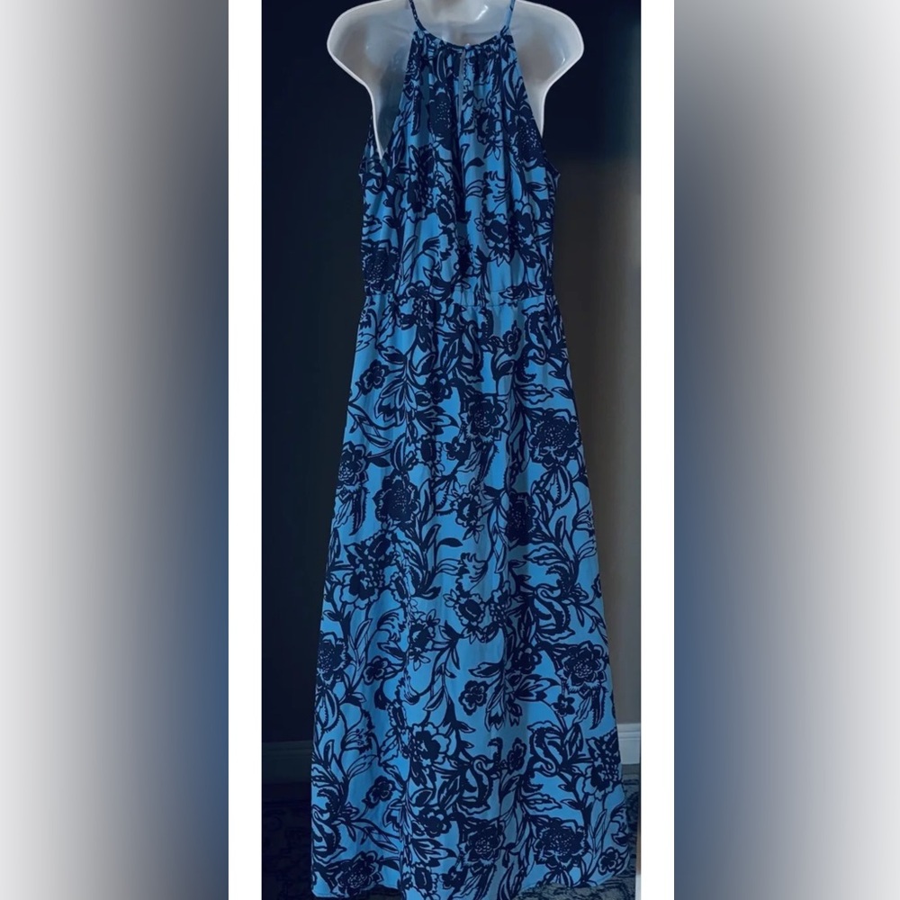 LOFT Long Maxi Dress Women’s Large Blue Hawaiian Tropical Floral Halter Resort - Picture 3 of 9